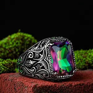 Cincin Kristal Buatan Berwarna-warni yang Dipersonalisasi Pria Vintage Perak Hitam Totem Punk Hip Hop Pria Aksesoris Pesta Pernikahan Elegan Ring