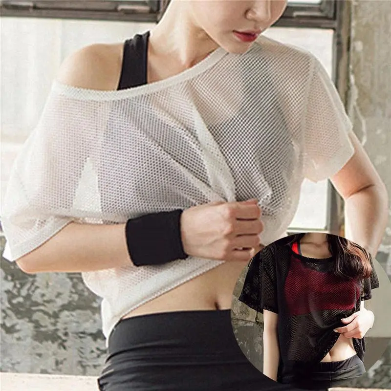 [Sharing] Women Mesh Yoga Shirt Quick Dry Sport Fitness Running Shirt Gym Tank Top Workout Exercises T-Shirt Sportwear