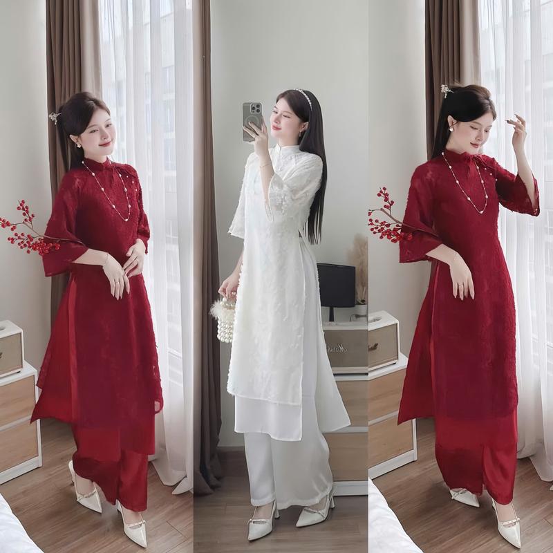 Set áo dài cách tân ren hoa 2 lớp cổ tàu tay lỡ cột dây kèm quần lụa ống rộng dáng dài điệu đà dành cho các nàng diện đi lễ chùa. Women Dress