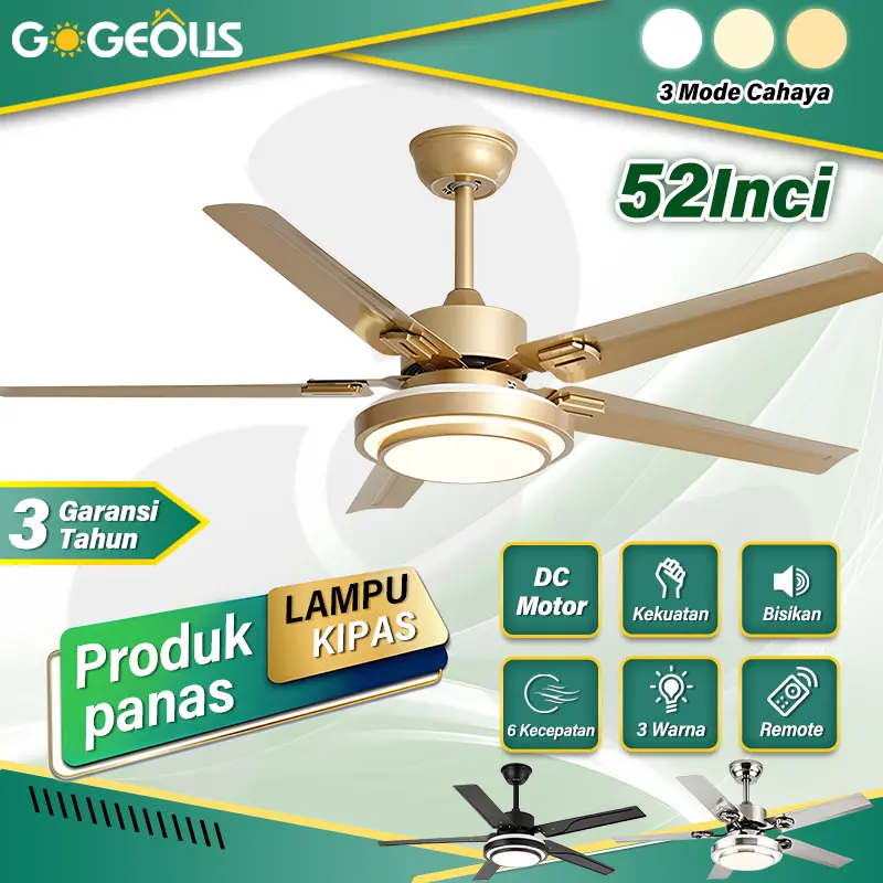 GOGEOUS Lampu Kipas Angin Gantung Plafon LED 3 Warna 6 Kecepatan Kendali Jarak Jauh - Remote-COD ceiling fan Putih 0