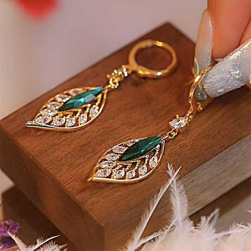 Product Introduction of New Trend Green Zircon Crystal Leaf Long Hanging Earrings Women 50% OFF Temperament Versatile For Daily Pendant Earrings Helps With Daily Dressing Ear Decoration Korean Jewelry 9