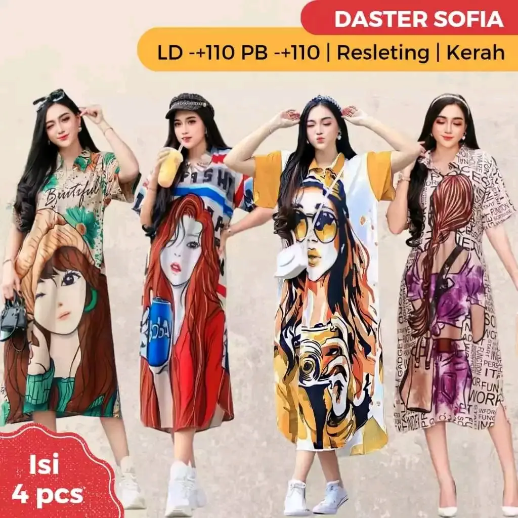 DASTER SOFIA KARAKTER ( ISI 4 PCS) KEKINIAN Busui Kancing Motif Ibu Nyaman Rayon Santai Tidur Menyusui Zipper