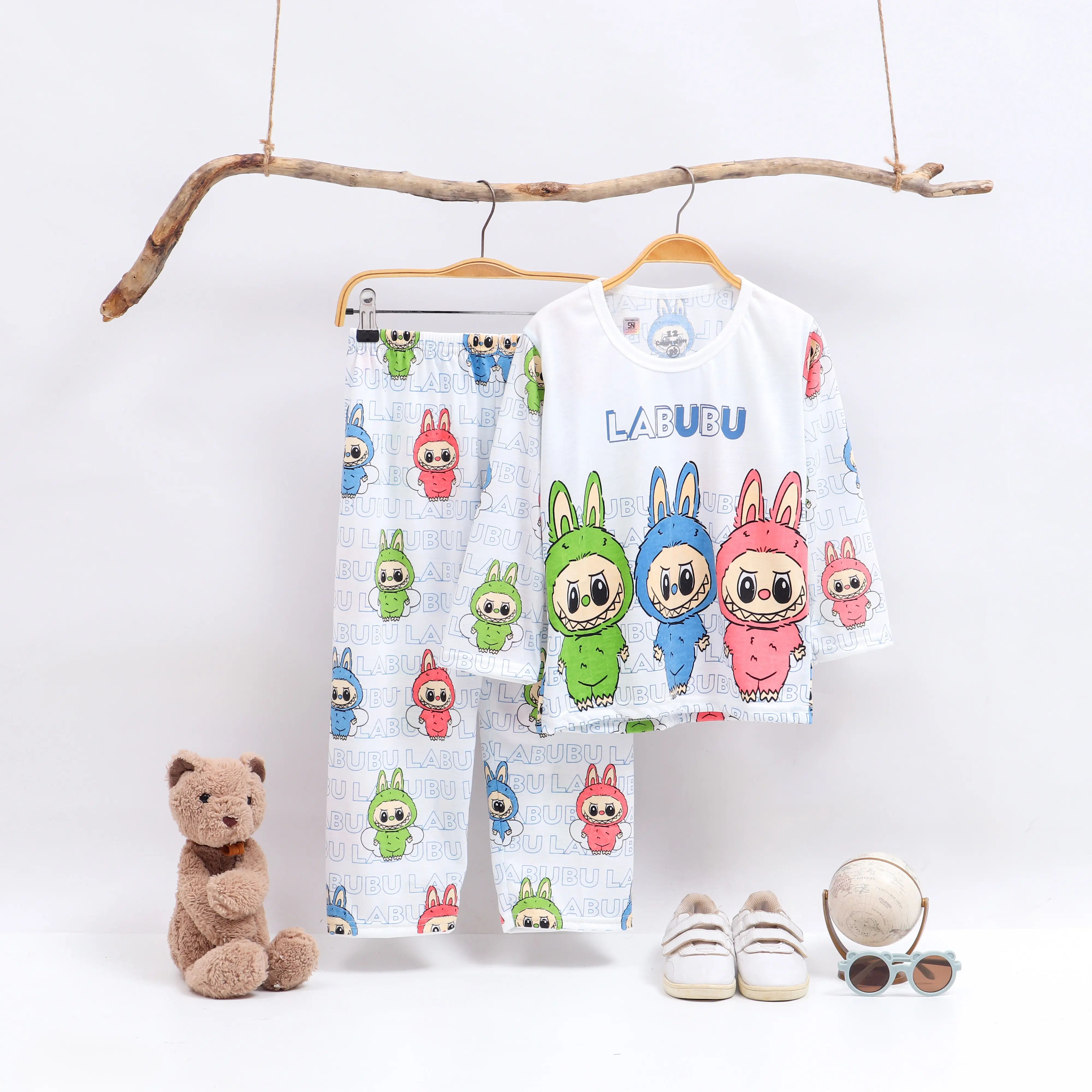 Peachbello Setelan Kaos Anak Motif Labubu Usia 1-6th Fashion Piyama Tidur Lengan Panjang Anak Perempuan Katun Bayi