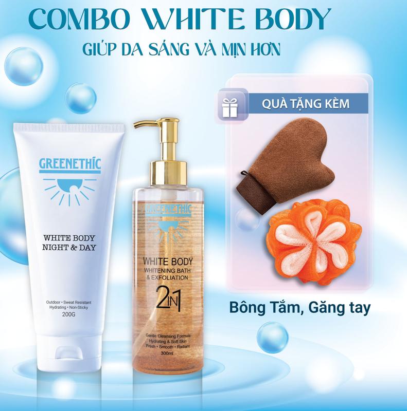 Combo Kem Body + Sữa Tắm Trắng Da Greenethic Tặng 1 găng tay thoa kem và 1 bông tắm