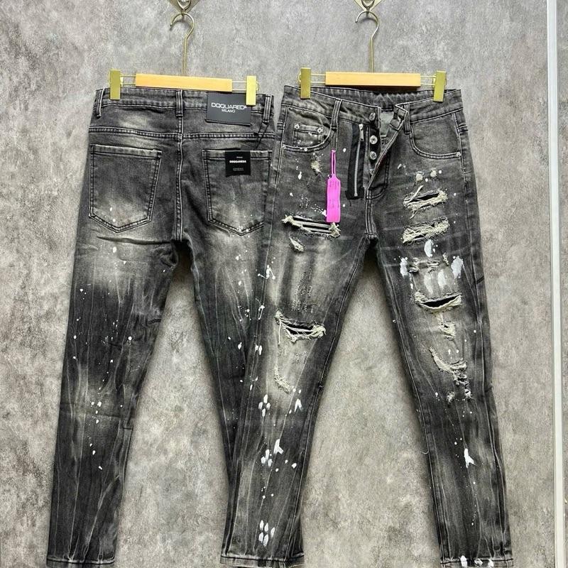 Quần Jean Xám Khói 4 Cúc Khoá Lệch Rách Xù Vá Vải Vảy Sơn Loang Hot Trenn