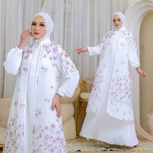 Zahra Gamis Putih Lebaran Wanita Muslim (Muat LD 120cm) 2328 - Bahan Marbella dan Cinta Lace Printing, Wudhu Friendly, Bahan Anti Lecek dan Anti UV, Desain Cantik Manis Elegan Nyaman Untuk Pesta, Motif Bunga Lengan Panjang Karet Resleting Depan Mewah