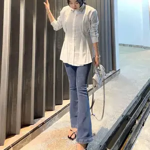 FASHIONABLE highwaist cutbray wanita jeans kekinian premium celana panjang jeans Cewek Hitam Melar