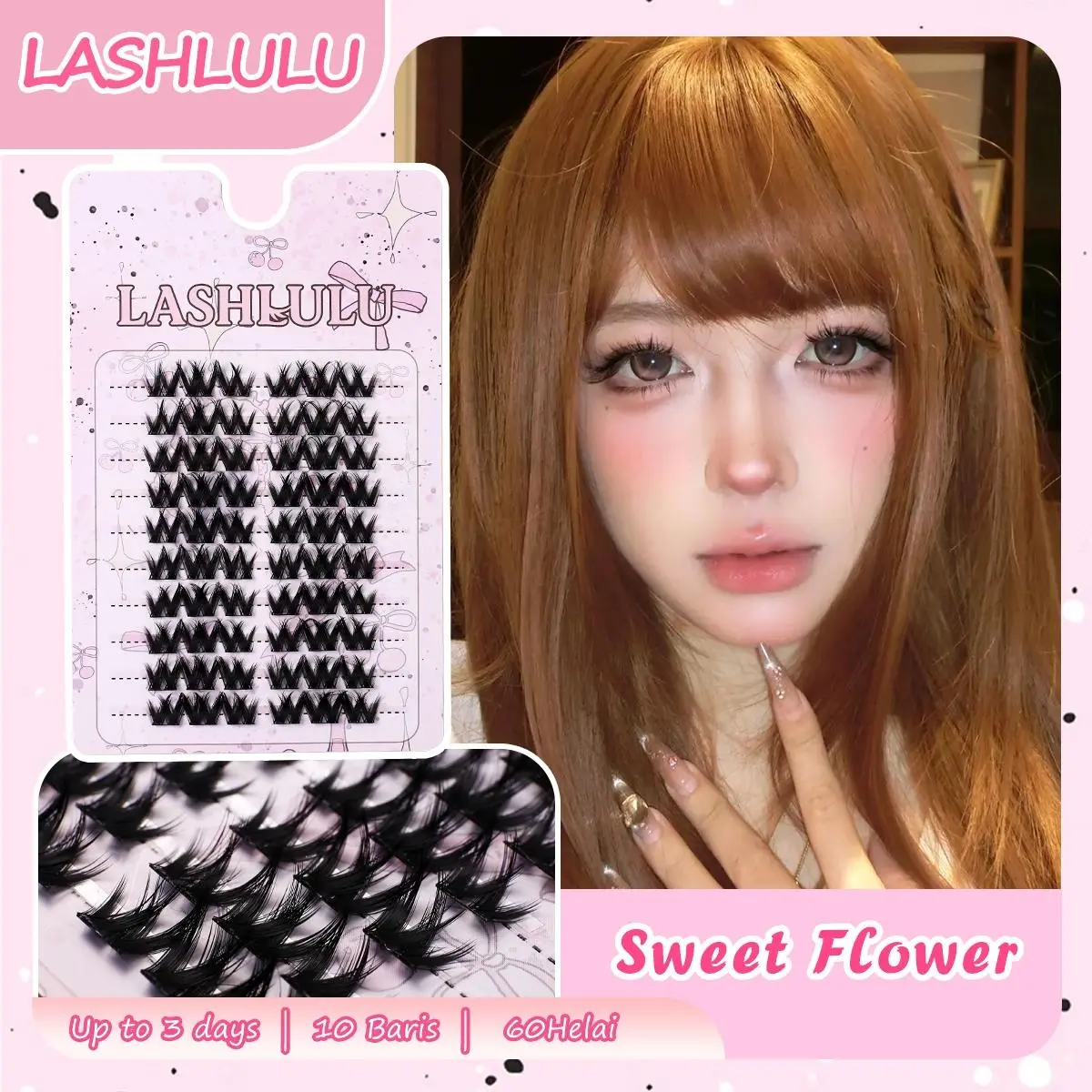 LASHLULU B05 Sweet Flower Bulu Mata Palsu D Curl 6-13mm Tebal Lentik Manga Eyelash Extension 10 Baris 60 Helai Dramatic Look Lem Maskara Tahan Lama Bulumata Hitam