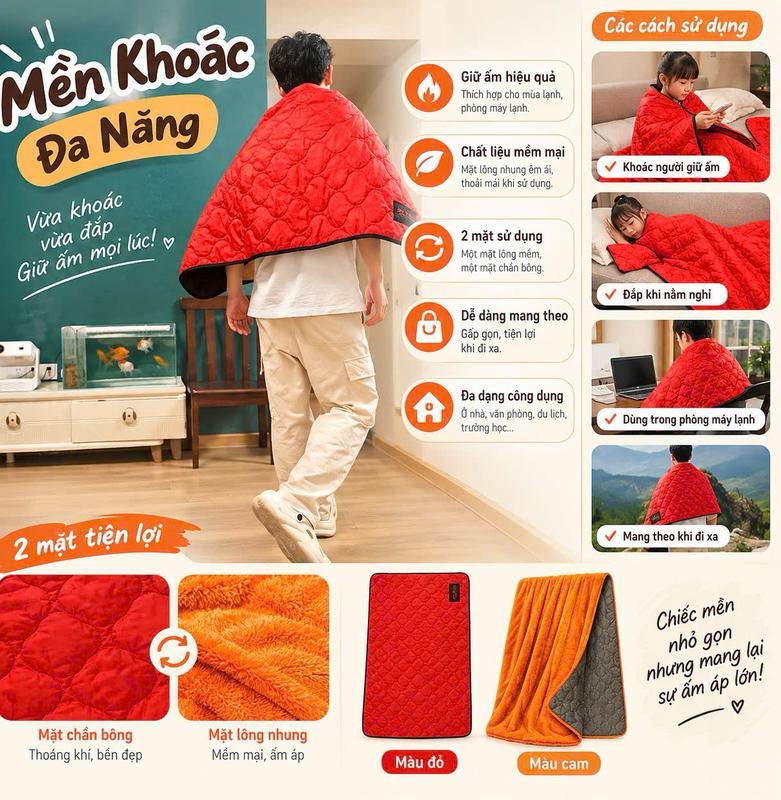 Mền Khoác Vai Cho Bé 2 Mặt Siêu Mềm, Áo Choàng Chăn Giữ Ấm Trẻ Em 39k