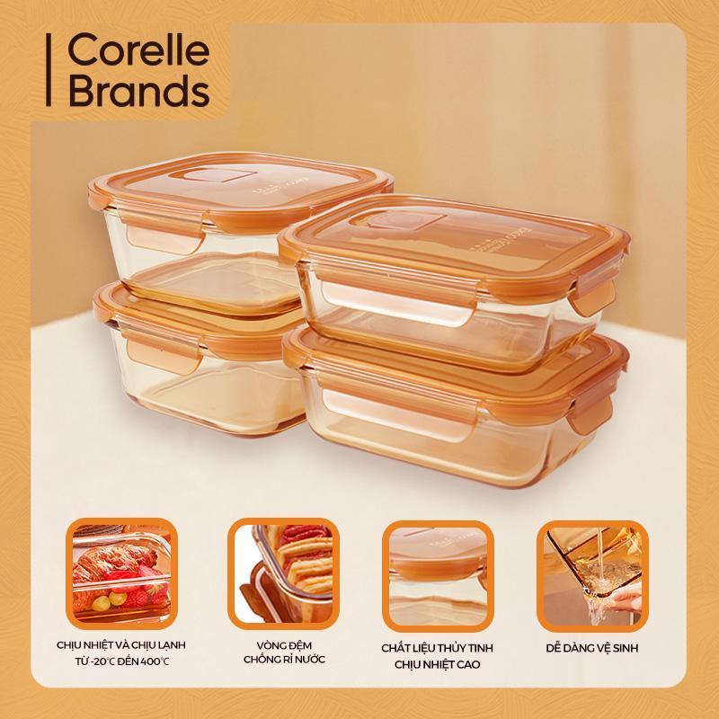COMBO 4 Hộp cơm thủy tinh màu hổ phách Corelle Brands EKCO, hộp bảo quản thực phẩm, an toàn cho lò vi sóng, hộp đựng trái cây và cơm trưa, có nắp kín