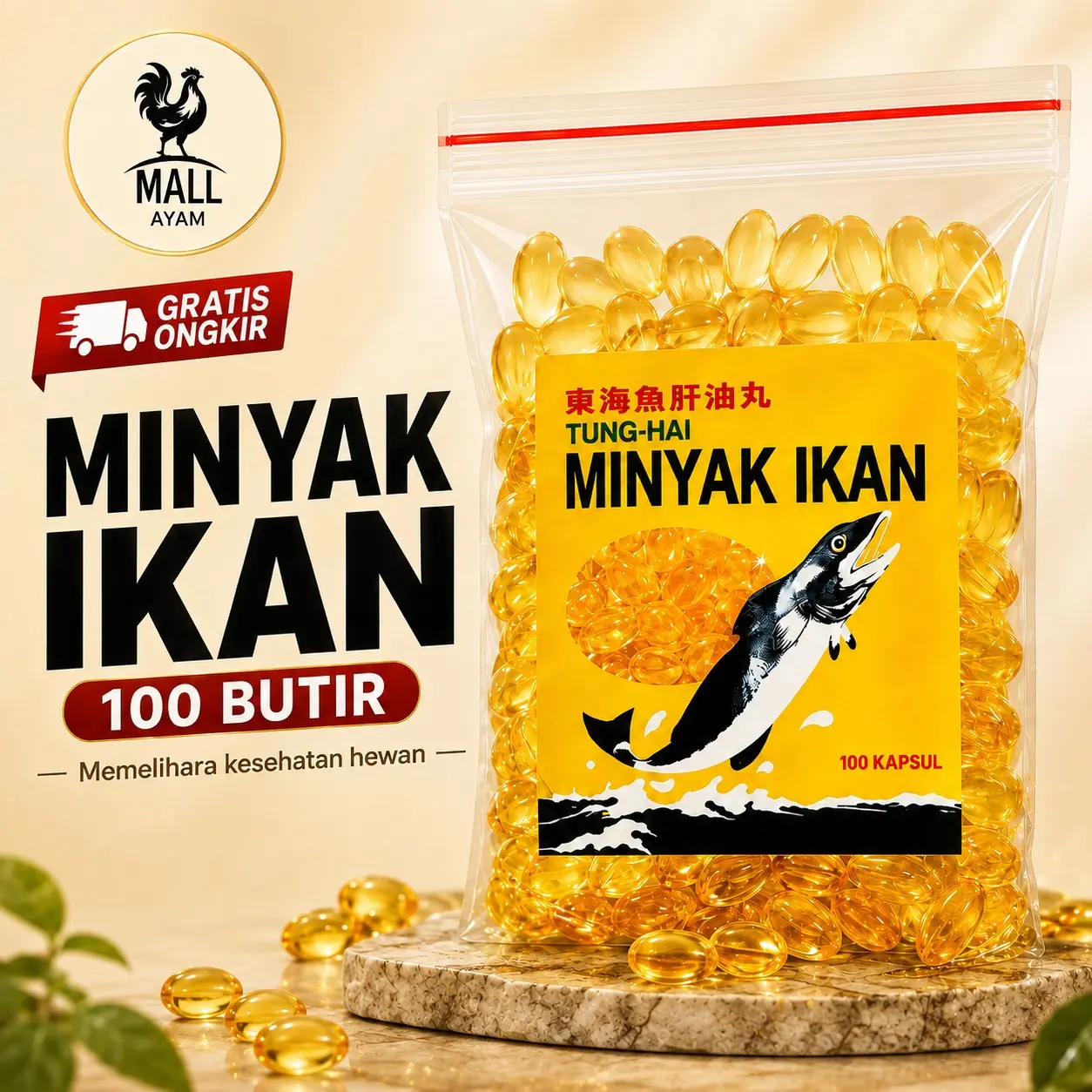 AYAM MALL Minyak Ikan Tung Hai Tunghai 100 Butir Fish Oil Omega Vitamin Ayam Bebek Unggas Burung Ternak Suplemen Pakan Koloni Ternak Penghalus Pelebat Bulu