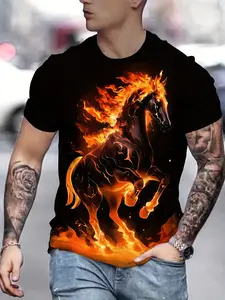 kaos promosi kampanye kaos tie dye custom kaos slim fit pria Desain Seni Api Kuda Berapi di Latar Belakang Hitam dengan Nuansa Oranye dan Merah Dinamis kaos print logo perusahaan kaos VIP edition