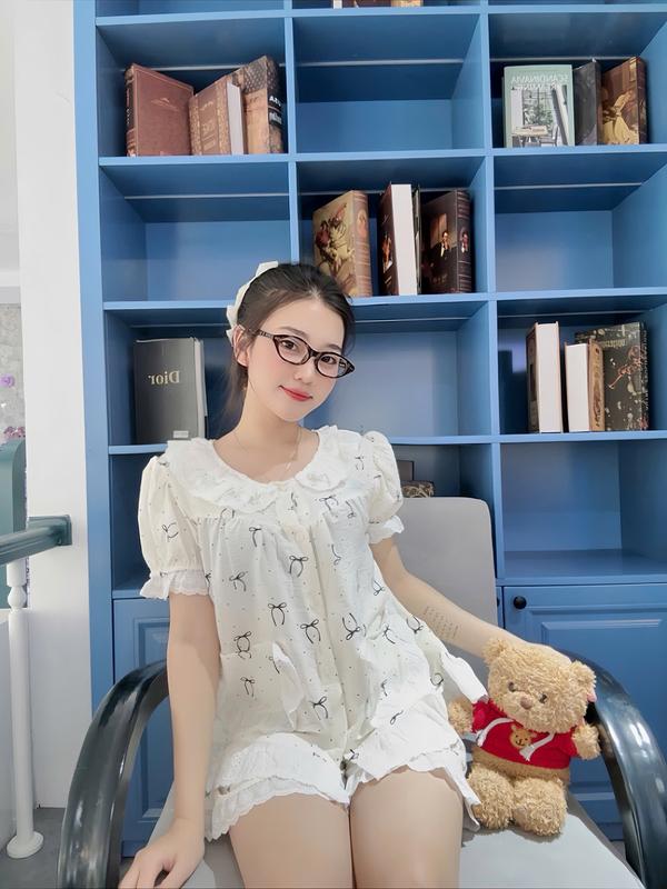 Bộ  đùi nơ tiểu thư , Đồ ngủ pijama nữ chất đũi mềm cổ bèo [ 40 - 62 kg ]