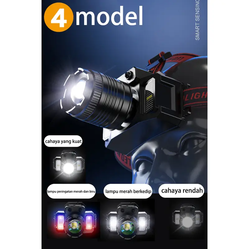 4.COD+pengiriman 24 jam Lampu Kepala LED/Headlamp /SuperTerang 1000000 Lumen/USB Charging Senter/Dengan Sensor Tangan/Sorot Dengan Penyesuaian multi-level/Senter Kepala/Zoom Dan Mode Sensor/Powerbank/Cahaya Terang 5