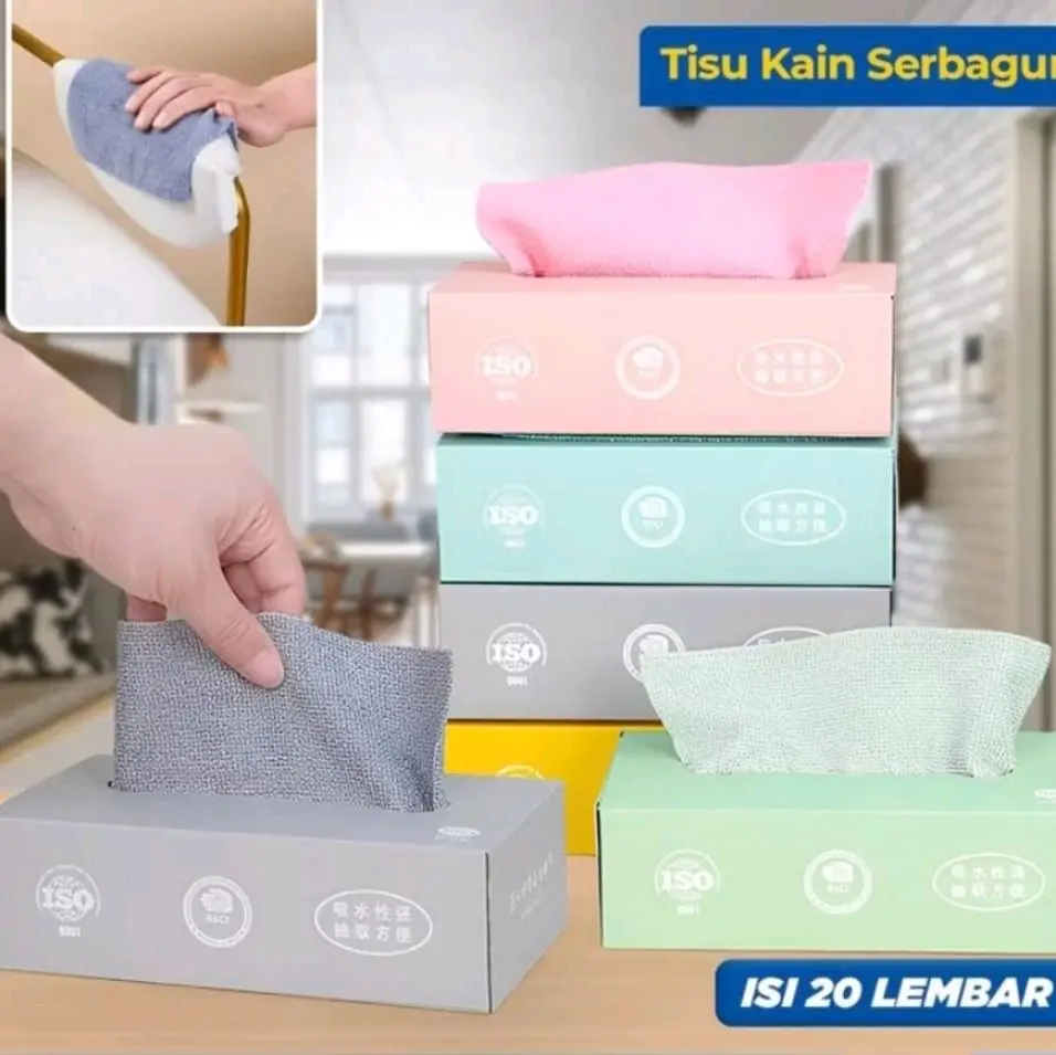 Tissue Dapur Multifungsi Isi 20Lembar Bisa Digunakan Kembali/Tissue Kain Lap Serap Air Ekstraksi 1 Box Isi 20Lembar 20x20cm Abu Biru Hijau Pink Cleaning Minyak