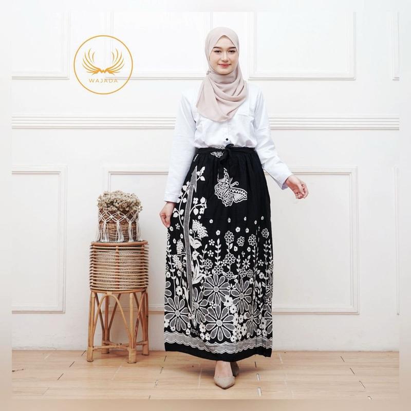 ROK SANTRIWATI ROK BATIK WANITA BAWAHAN WANITA ROK BAHAN RAYON ROK GOYOR Muslim Motif Hitam Panjang Bawahan Karet Katun 8