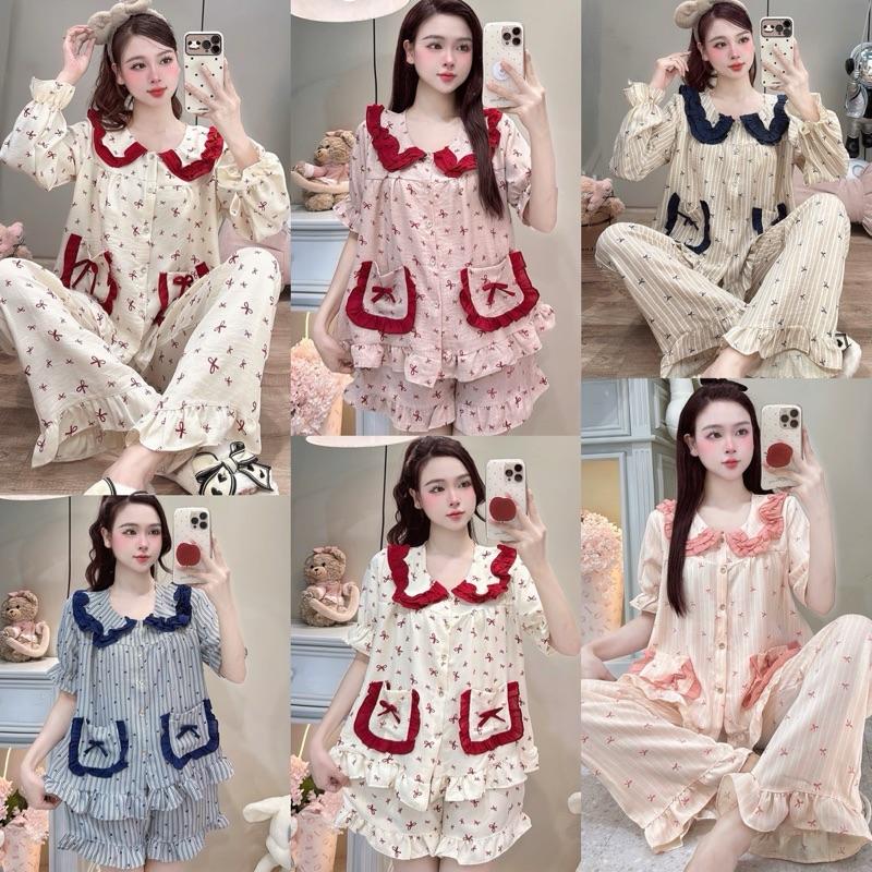 Bộ Mặc Nhà Sammy Cổ sen viền Bèo túi Nơ chất đũi Vân mây mềm đẹp dễ thương cho Nữ DD019 Sammy - Top