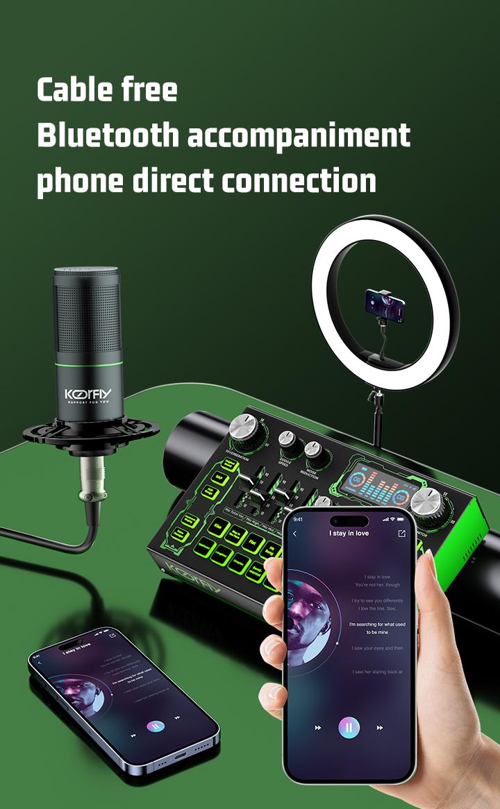 Product Introduction of koorfly-KF01 sound card ZX320 mic set Audio Bluetooth External Peralatan Bernyanyi atau siaran langsung dengan headphones dan microphone 48