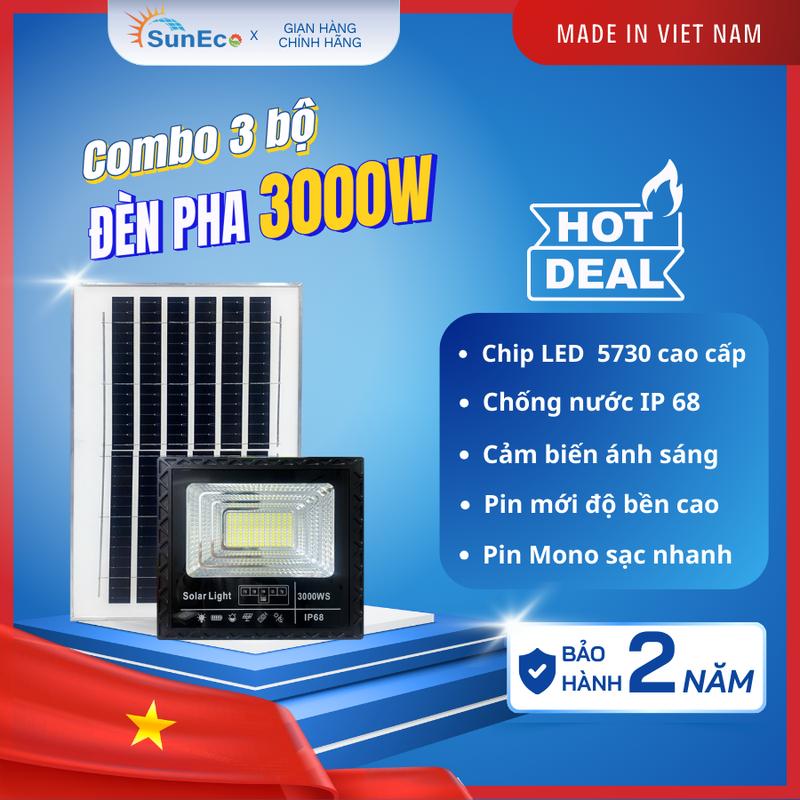  COMBO 3  ĐÈN  Suneco   Đèn Pha  Năng Lượng Mặt Trời 3000w Sáng Mạnh Chống Thấm Nước IP69 Nâng Cấp Chip LED 5730 Pin Mono Sạc Nhanh Siêu Sáng  Pin Mới Bảo Hành Chính Hãng 