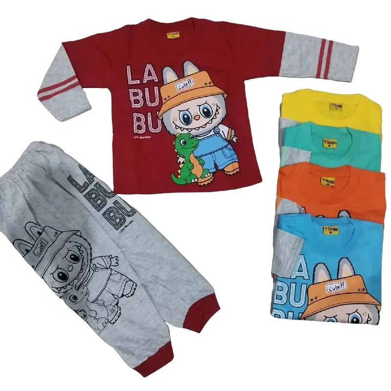 Setelan Panjang Labubu Viral Terbaru Anak Laki Laki usia 2-10 Tahun Baju Stelan Cowok labubu Parsel Katun 0
