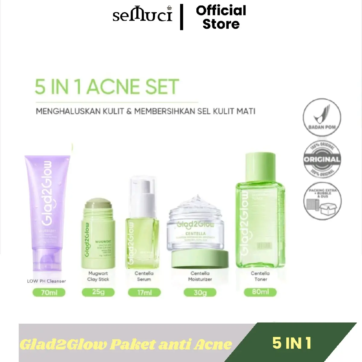 Paket Perawatan Jerawat Glad2Glow 5 in 1 Skincare - Berjerawat, Facial Treatment Wajah