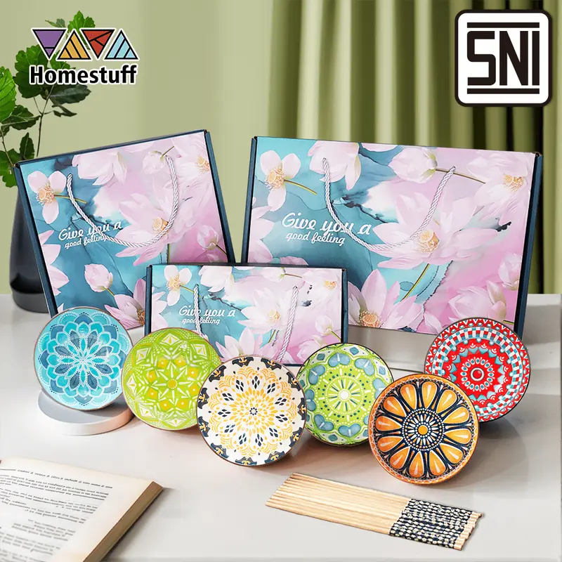 {SNI} HOMESTUFF Mangkok Set Premium Motif Warna-Warni / Hampers Mangkok souvenir Hadiah / Mangkok Set Gaya Istana / Garansi 0