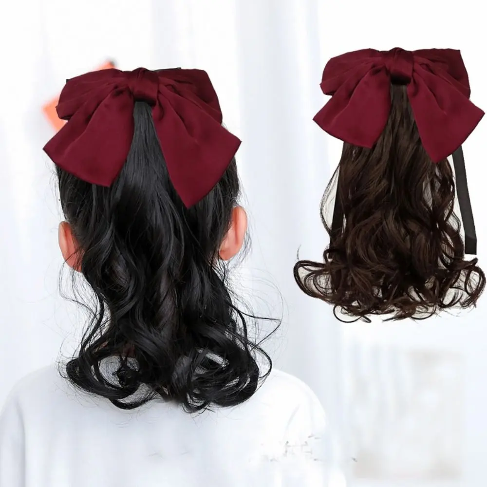 Tóc Giả Đuôi Ngựa Xoăn, Dài Và Mềm Mại, Thời Trang, Thiết Kế Dễ Thương Công Chúa, Trang Trí Lông Mịn, Dành Cho Trẻ Em Bé Gái Và Trẻ Em, Tóc Nối, Nơ Đỏ, Nút Thắt, Sợi Tóc Đuôi Ngựa