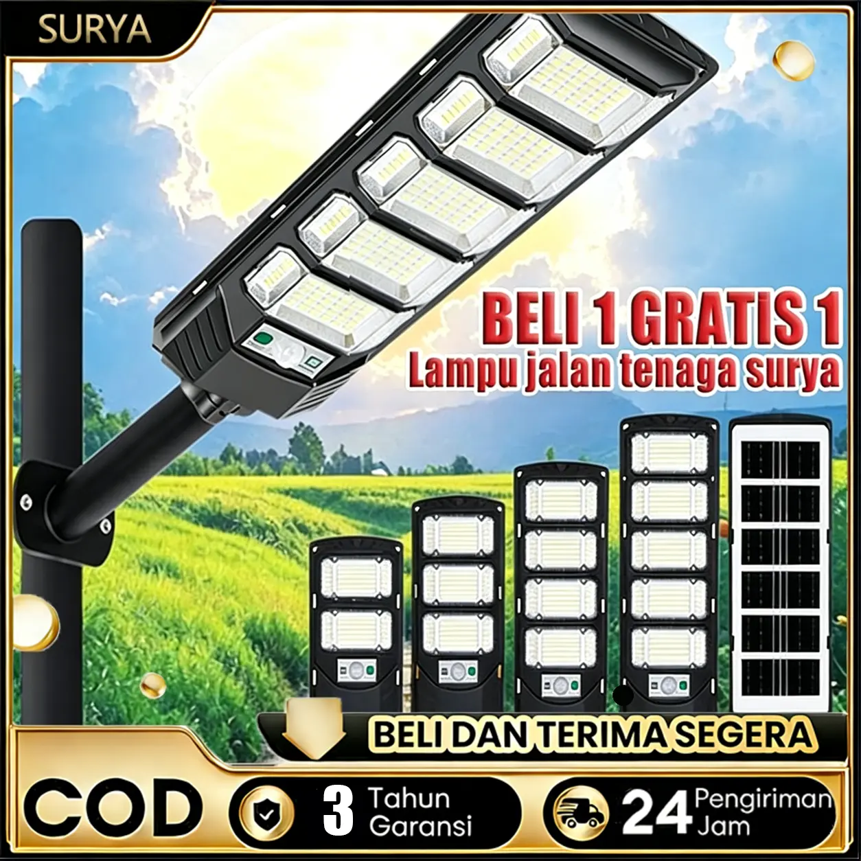 [Garansi 3 tahun]Lampu Jalan Tenaga Surya  LED Sensor Gerak Badai Umur Panjang Tahan Debu O Biaya ListrikTahan angin kencang Mati otomatis Tahan Badai Efisiensi Konversi Tinggi Aman Digunakan untuk Desa Lampu sensor gerak