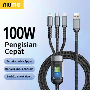 Kabel data USB, transparan baru, fungsi 3 in 1, kabel pengisi daya super cepat Tipe C 100W, pengisi daya ponsel aluminium, cocok untuk ponsel cerdas dan perangkat paduan elektronik kecil, dengan konektor ponsel