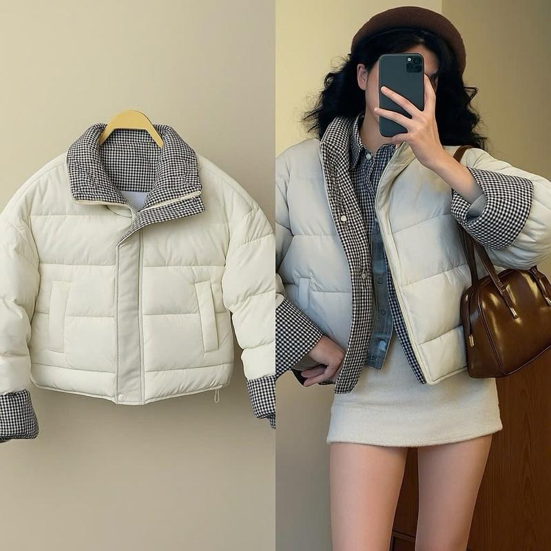 Áo Khoác Phao Da Phối Kẻ Nữ Dáng Lửng Croptop Phong Cách Trẻ Trung Năng Động Chần Bông Dày Dặn