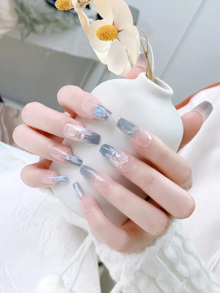 Kuku Palsu Peach Grey 3D Flower Isi 24 Pcs - Art & Nail