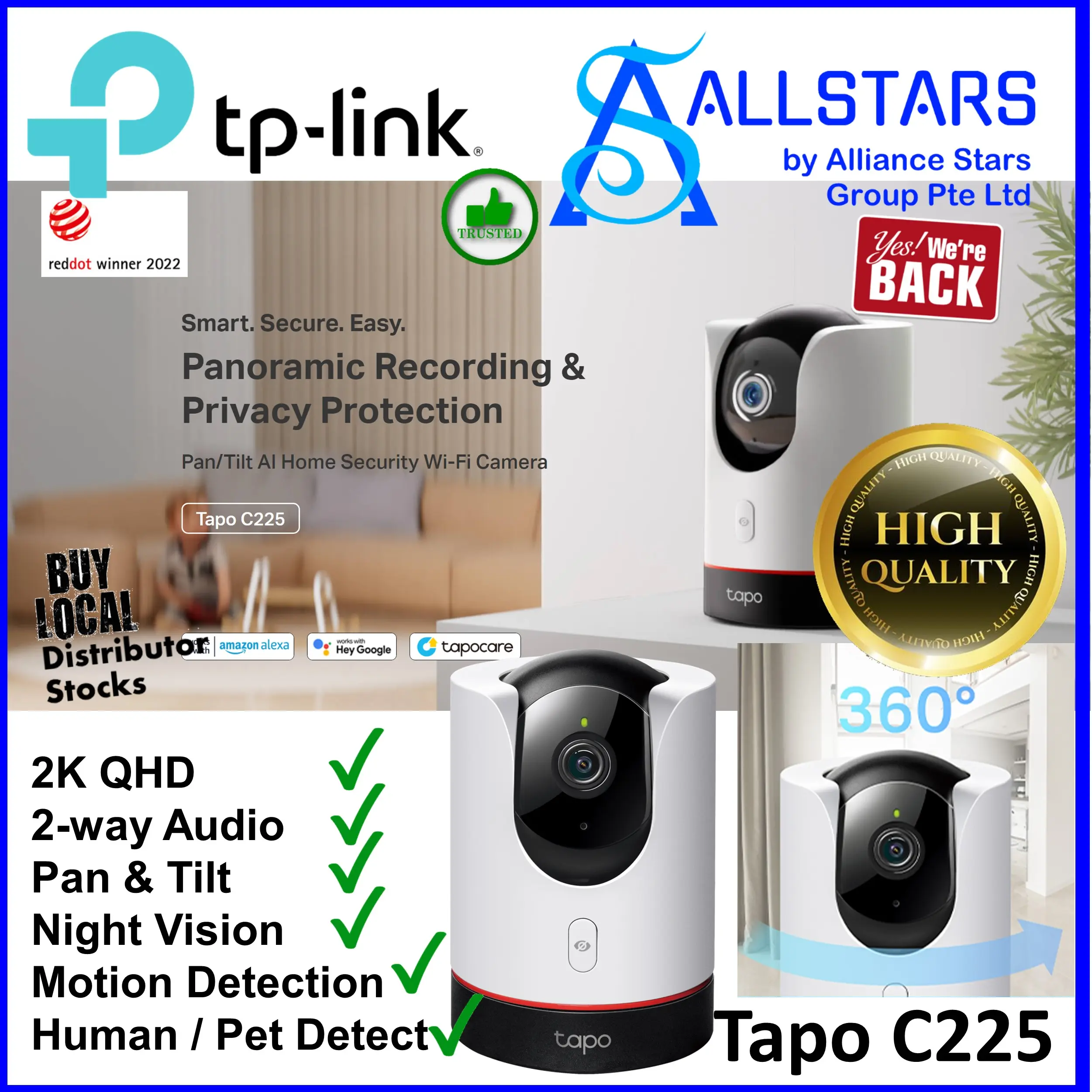 ALLSTARS : IPCAM Promo) TP-Link / TPLink Tapo C225 Pan/Tilt AI Home Security WI-Fi Camera / 2K QHD, F1.6 Clear View, support up to 512GB microSDXC (not included), Night Vision, 2-way Audio (Warranty 3years with TPLink SG) wireless camera tapo camera