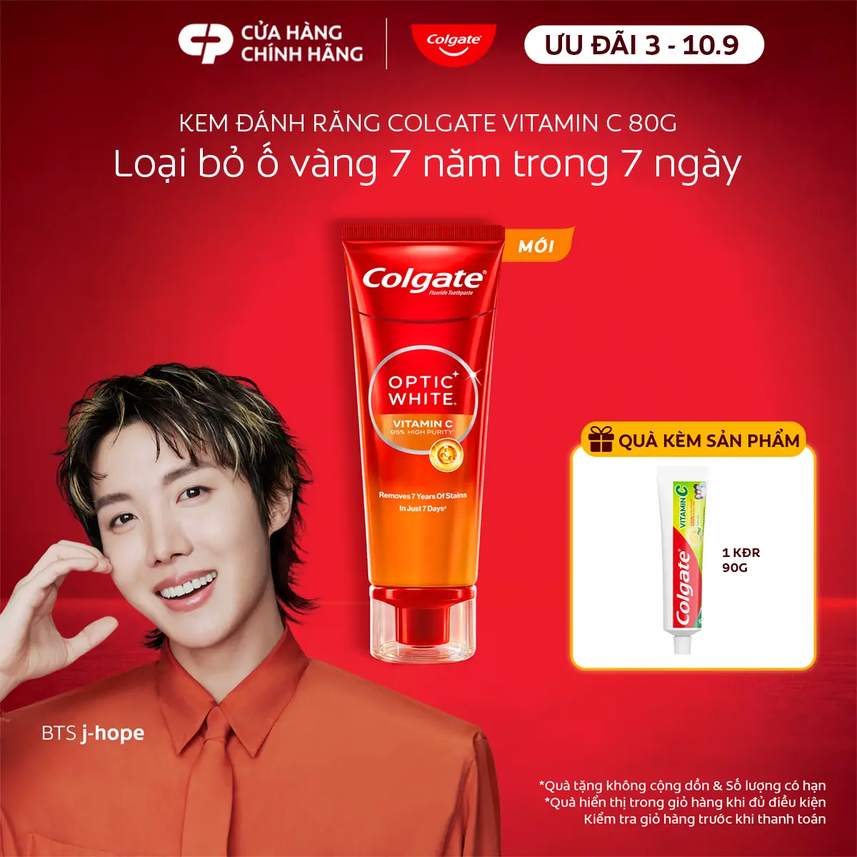 [Ưu đãi 3-7.9] Kem đánh răng Colgate trắng răng Optic White Vitamin C độ tinh khiết cao, loại bỏ vết ố cứng đầu lâu năm trong 7 ngày 80g/ tuýp