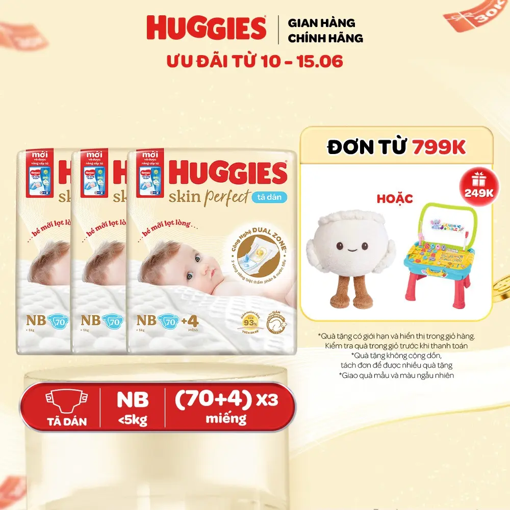 [Creator] Thùng 3 gói Tã/bỉm dán sơ sinh Huggies Skin Perfect với 2 vùng thấm giảm kích ứng da Size NB70+4/S54+4/S80+2/M76+3  [CTKM cộng miếng thay đổi theo từng đợt nhập hàng] - 1