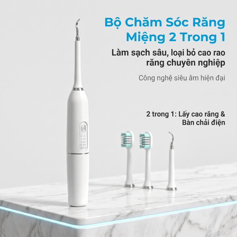 Bàn chải đánh răng kiêm tăm nước điện 2 trong 1 này sử dụng công nghệ siêu âm…