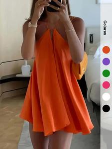 Vestido sin espalda de color sólido con cuello halter para mujer, vestido corto casual y de moda para verano, vestido de mujer para vacaciones en la playa