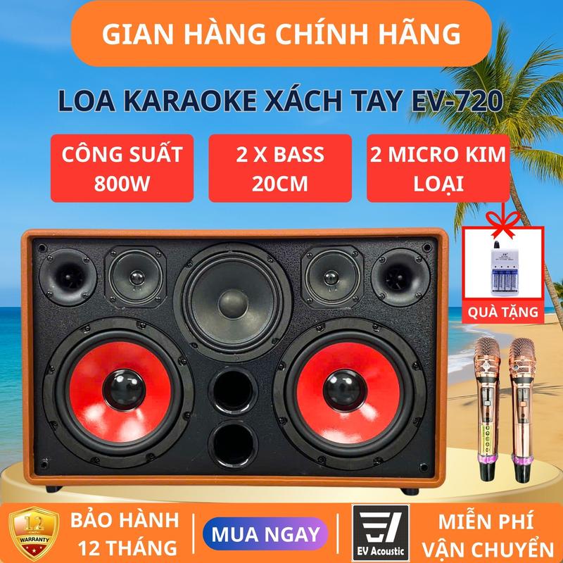  Loa Karaoke Xách Tay EV-720 | Công Suất 800W | 2 Bass 20cm | Âm Thanh 3 Đường Tiếng | Bluetooth 5.0 | Micro Không Dây 