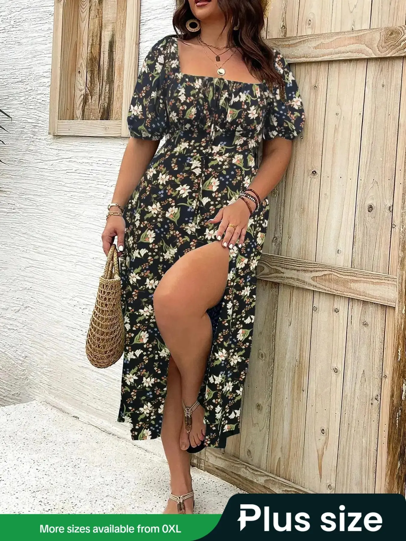 【Plus Size】 Ditsy Floral Print Square Neck Dress, Boho Fashion Casual Long Dress for Daily Holiday Vacation Wear, Women Plus Clothing for Summer, Spring