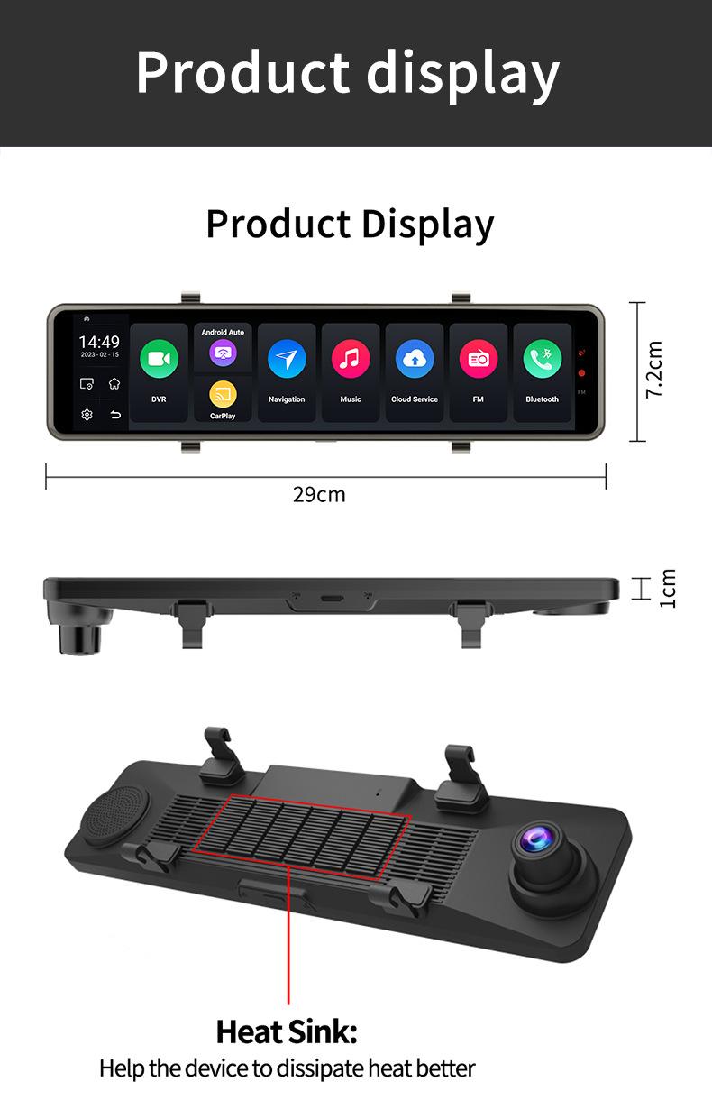 Product Introduction of V8 4+64G Wireless Carplay & Android Auto 12"  Rearview Mirror ADAS Support North American 4G Car Black Box DVR Dashcam 24