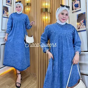 Baju Gamis Jeans Syar i Wanita Terbaru Kondangan Kekinian Snow Blue Premium - Midi Dress Denim Kancing Bahu Lengan Panjang Muslim Dewasa
