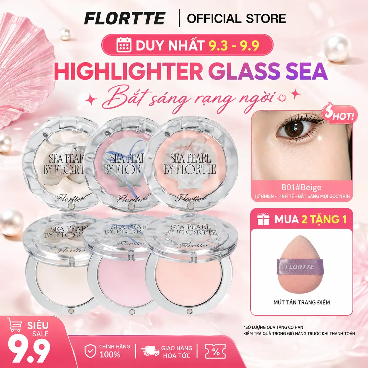 【Mua 2 tặng 1】Flortte Sắc hồng độ sáng cao,phấn bắt sáng, lấp lánh, mịn mượt, không lộ vân, trang điểm nữ tính, tăng độ sáng cho gương mặt, 4g