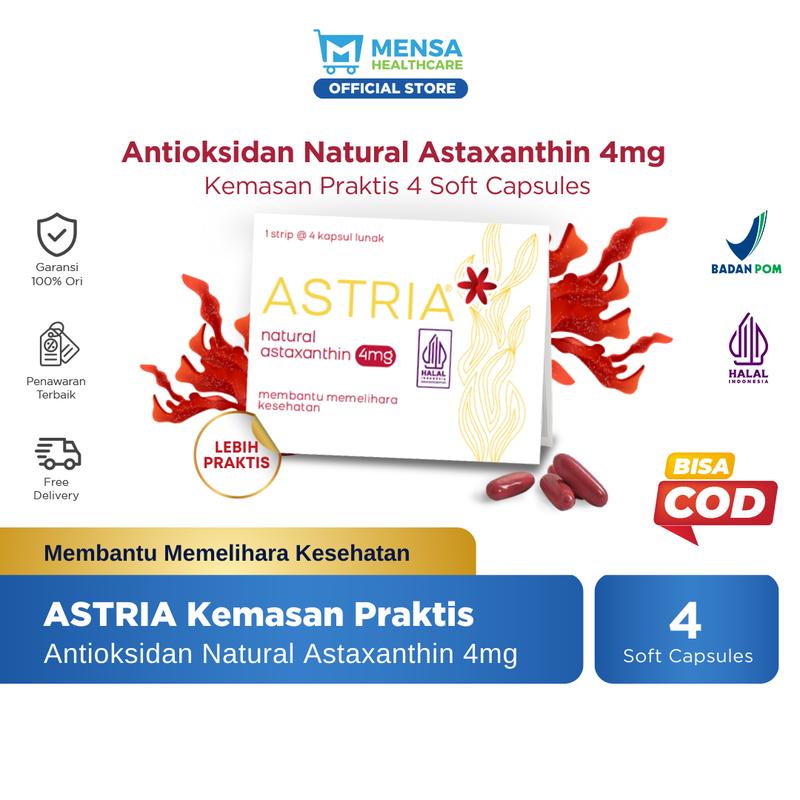 ASTRIA Suplemen Antioksidan Natural Astaxanthin Kemasan Praktis 1 Pack x 4 Soft Capsule ( Suplemen Antioksidan / Multivitamin Menjaga Daya Tahan Tubuh / Kesehatan Kulit ) 1