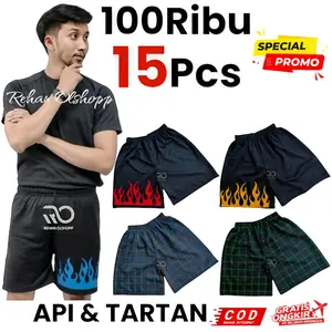 PROMO PAKET USAHA 100rb an Dapat 15 Celana pendek Boxer pria wanita motif api & kotak Anak Remaja & Dewasa Melar Nyaman Biru Putih Merah Panjang Shorts Santai Tartan Hitam Unisex Distro