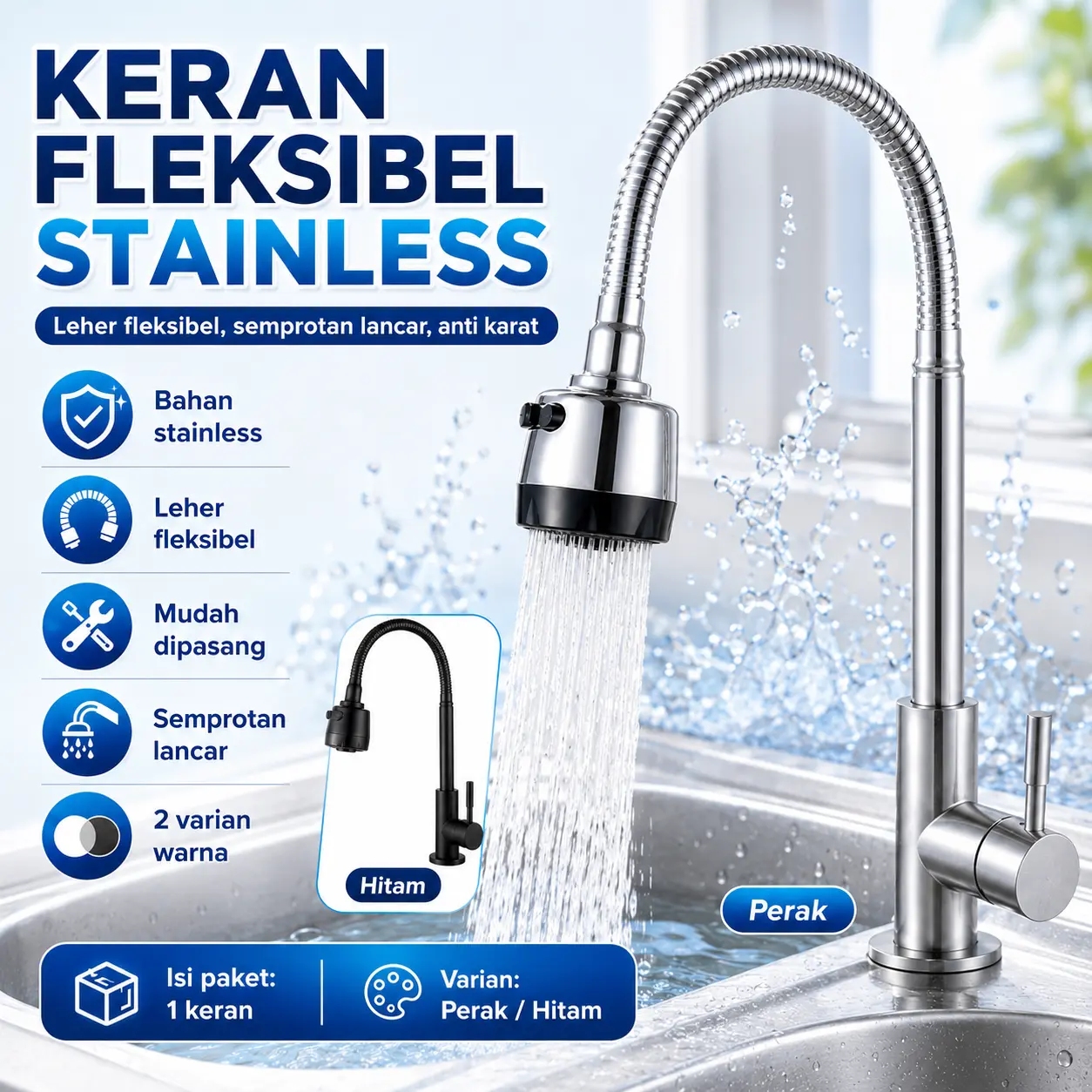 Keran Fleksibel Stainless untuk Dapur & Wastafel, Kran Cuci Piring Leher Lentur Anti Karat, Semprotan Air Lancar, Varian Silver Hitam