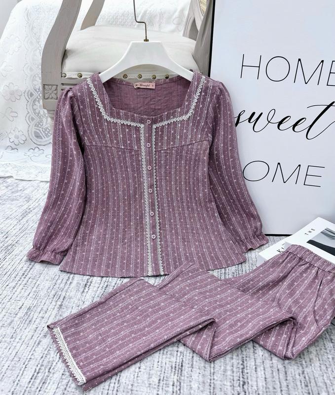  Đồ Bộ Nữ Mặc Nhà Y831F Đũi VÂN tay lỡ TÍM sọc hoa cổ vuông đáp ren 