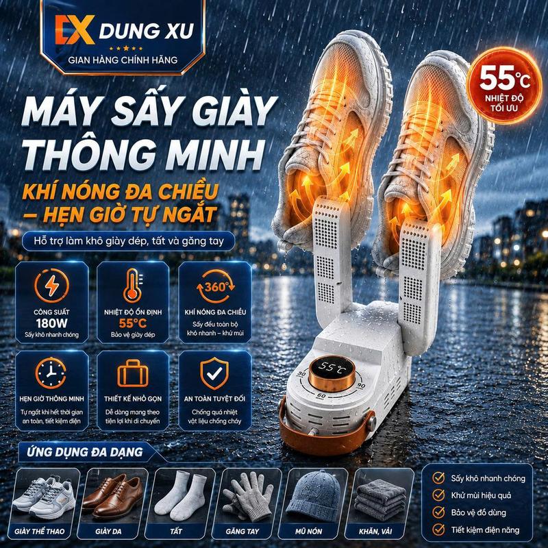 Máy Sấy Giày Khử Mùi Cao Cấp Loại Bỏ Vi Khuẩn Bằng Tia UV Cực Tím, Máy Sấy Đa Năng Công Suất Lớn Khử Mùi Giày Tất Chống Hôi Chân