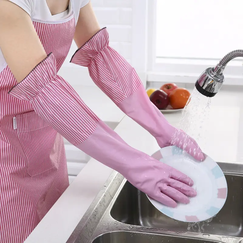 Găng Tay Cao Su Có Viền Thời Trang, Lót Lông Cừu, Ấm Áp, Để Làm Việc Nhà, Nhà Bếp, Sạch Sẽ, Bền, Rửa Bát Chống Nước