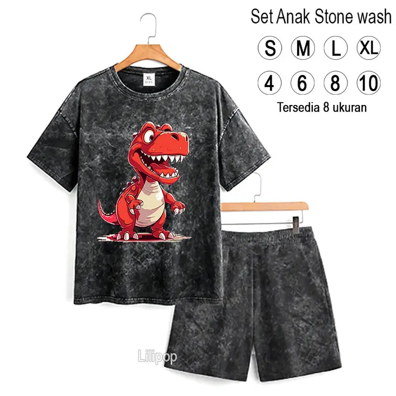 Majin  Fashion Anak Unisex Stelan Stone Wash 3/4 Cocok untuk Anak Laki-laki dan Perempuan DINO TREX Stylish Setelan 0