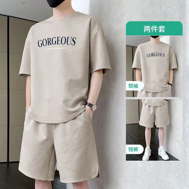 Bộ Đồ Thể Thao Thường Ngày Da Lộn, Dành Cho Nam Giới, Dáng Rộng Mùa Hè, Cỡ Lớn, Màu Xanh Lá Cây, Ít Hợp Xu hướng, Đẹp Trai, ngắn Tay Áo, Quần Đùi, Bộ Đồ Hai Mảnh