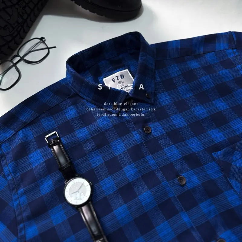 Kemeja flanel semi wool premium F2D lengan panjang unisex kemeja pria dan wanita motif kotak 103 0